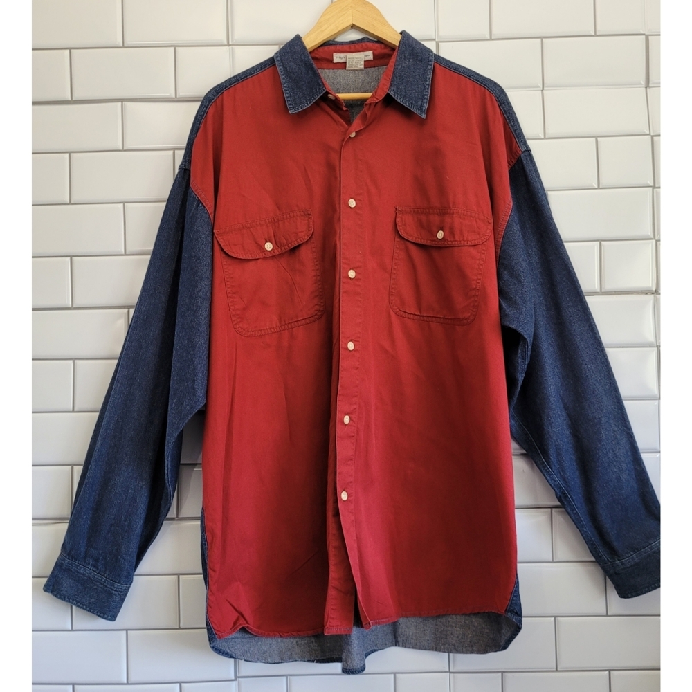 HIGH ADVANTAGE Vintage Men’s Color Block Denim Long Sleeve Shirt 100% Cotton 